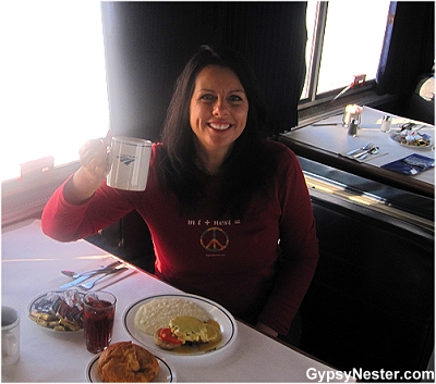 Veronica marks her 48th state - North Dakota! Celebrating with crab cakes for breakfast on the Empire Builder
