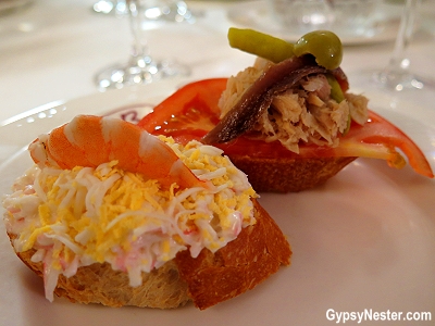 Shrimp and seafood pintxos in San Sabastian, Spain