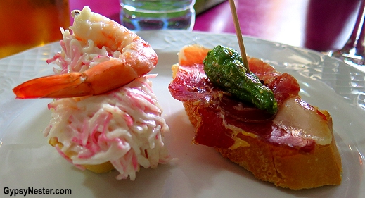 Shrimp and ham pintxos in San Sabastian, Spain