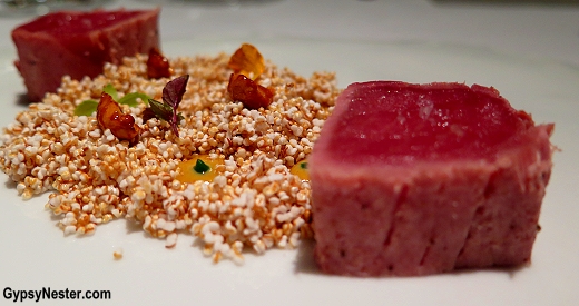 Seared tuna on a bed of amaranth with honey and mustard at Bailara Restaurant at Hotel Iriarte Jauregia in Bidania, Spain