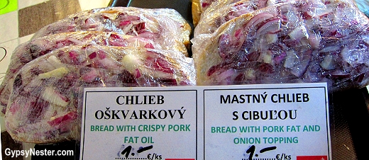 Bread with crispy pork fat oil in Bratislava, Slovakia Mastny chlieb cibulou or Chlieb oskvarkovy