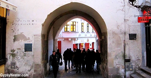 Michael's Gate, built around 1300, it was one of four entrances through the old protective walls, and is one of the oldest structures in Bratislava, Slovakia