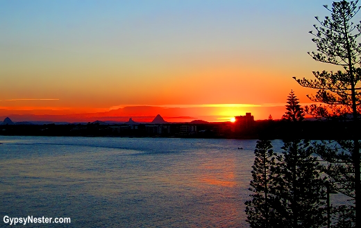 Sunset over the Glasshouse Mountains from our balcony at Rumba Resort in Caloundra, Queensland, Australia