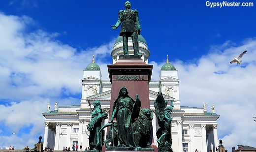 Statue of Russian Czar Alexander ll in front of Helsinki Cathedral in Finland