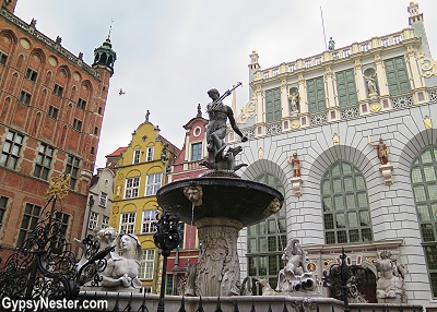 Neptune's fountain in Gdansk, Poland is one of the few things that survived World War ll