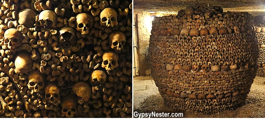 Bones are stacked in a decorative manner at the underground catacombs in Paris, France