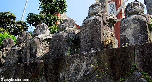 Statues that survived the atomic bomb at Urakami Cathedral in Nagasaki, Japan