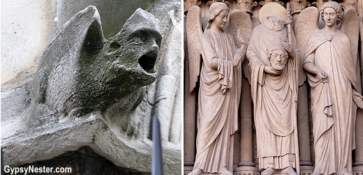 Close up of scary images on Notre Dame Cathedral in Paris, France
