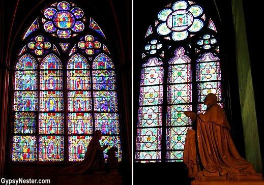 Stained glass windows in Notre Dame Catherdal, Paris, France
