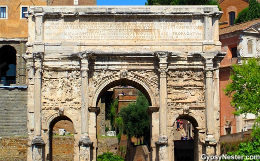 The white marble Arch of Septimius Severus at The Forum in Rome, Italy