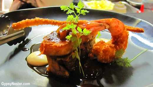 Confit Pork Belly, Spiced Plum, Parsnip Puree, Crackling Crumbed Prawn, Apple Cider Jusat Social Eating House + Bar, Gold Coast, Queensland