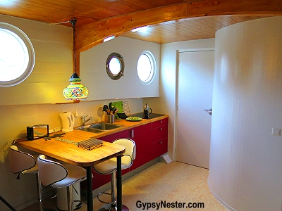 The kitchen in our beautiful houseboat bed and breakfast on the Amstel River in Amsterdam, Holland
