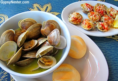 Steamed clams and Clams Casino at Steamer's in Cedar Key, Florida