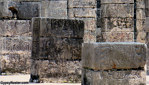 Carvings on Group of a Thousand Columns in Chichen Itza in Mexico
