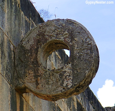 Stone ring at the Great Ball Court at Chichen Itza in Mexico. 