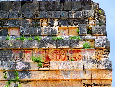 Carvings in the stone of the entrance of the stadium at Chichen Itza in Mexico