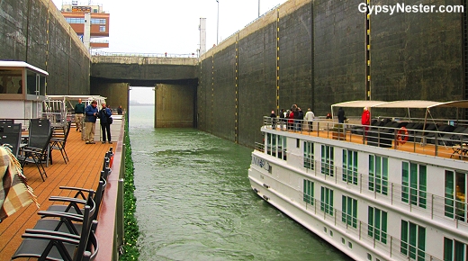 Passing through a lock between Budapest and Bratislavia on the River Danube