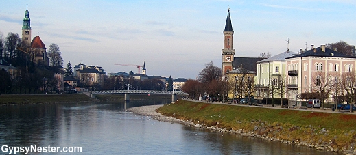 Crossing the Salzach River toward Salzburg's Old Town