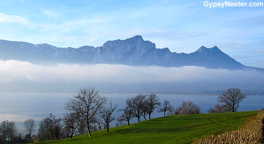 The fog trapped between Mondsee, (Moon Lake) and Drachenwand (Dragon's Wall) adds to the spectacular scenery on the road to Salzburg.