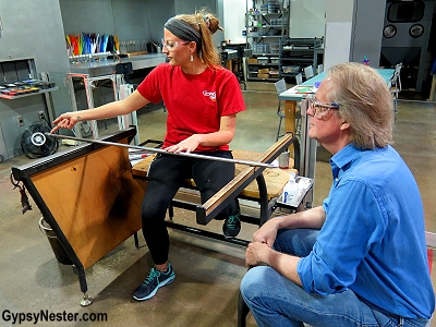 David learns to blow glass at the Corning Museum of Glass in New York