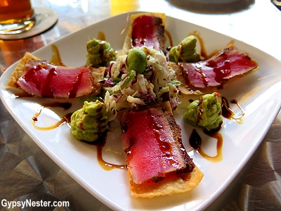 Sushi Nachos at Market Street Brewing Company in Corning, New York. Guacamole + Wasabi? YES!