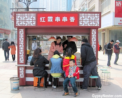 Food on a stick kiosk in Dalian, China