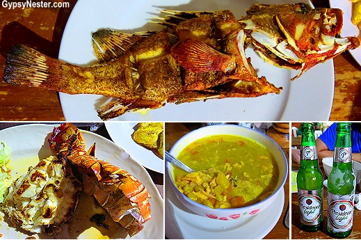 Dominican seafood. a whole red snapper, a rock lobster, seafood soup, and tostones -- washed down with a couple of almost-frozen Presidentes 