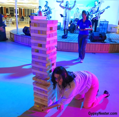 A spirited game of giant Jenga aboard Fathom's Adonia