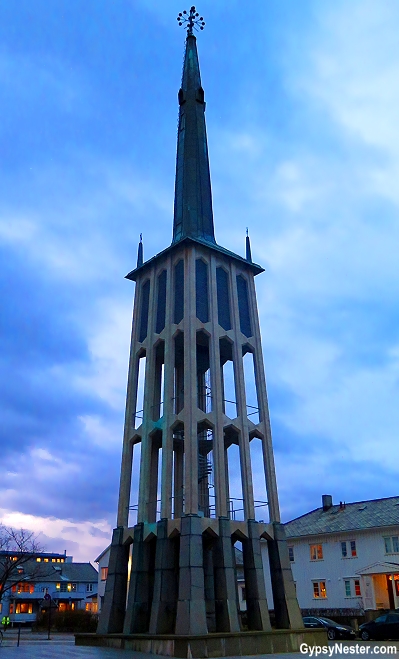 The free standing bell tower of the Bodo Cathedral in Bodo, Norway