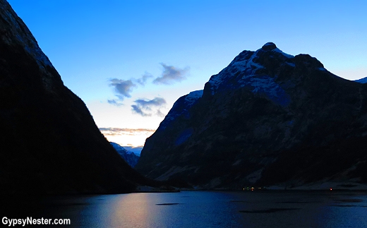 The fjords at sunset on our wintertime Norway in a Nutshell experience