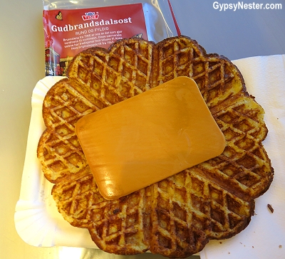 Waffle with yummy sweet goat cheese on the train in Norway