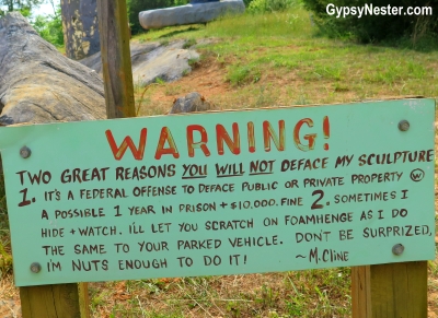 Warning sign at Foamhenge, a replica of Stonehenge in Natural Bridge, Virginia