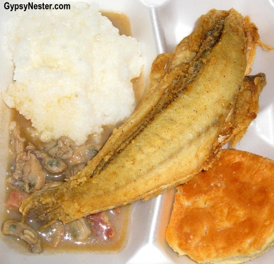 Gullah Breakfest, oyster stew, grits, whole fried fish
