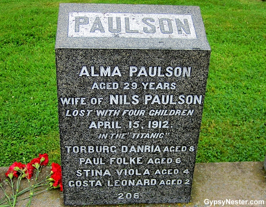 The grave of Alma Paulson and her four children at the Titanic cemetery in Halifax, Nova Scotia, Canada