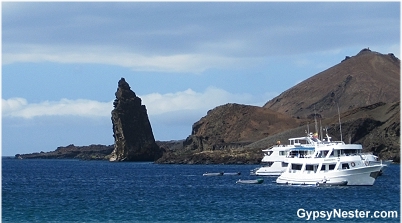 Bartolomé Tower takes on a gravity-defying angle from Santiago in The Galapagos