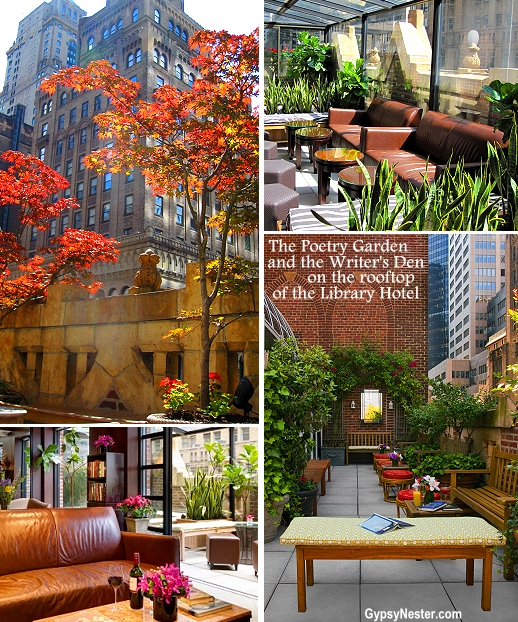 Writer's Den and Poetry Garden on the rooftop of the Library Hotel in NYC. At night, the rooftop transforms into Bookmark's Lounge