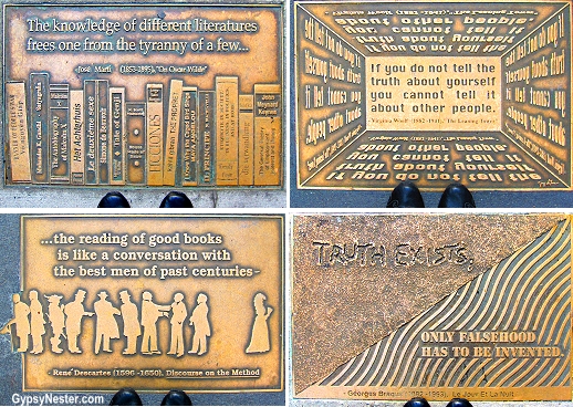 The bronze sidewalk insets along 41st Street that form Library Way. The walk’s bronze plaques feature quotes from classic literature and authors, paired with innovative artwork by Gregg LeFevre