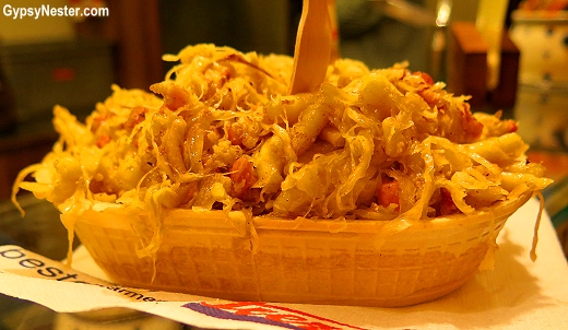 A steaming bowl of schtupf-nodlen, a delicious, rib-sticking mixture of noodles, sauerkraut, onions, and pork belly in Germany. 
