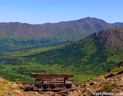 A viewing platform on the way up to the top of Flat Top Mountain in Anchorage, Alaska