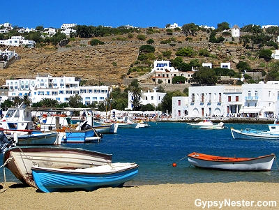 The beach in the town of Mykonos, Greece