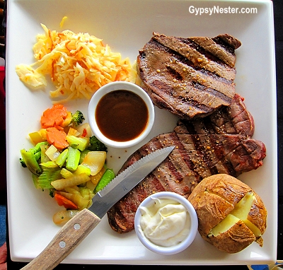 Moose steak at Chucky's Seafood and Wildgame Restaurant in Happy Adventure, Newfoundland