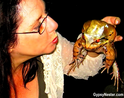 Veronica kisses a frog at Parador Resort and Spa in Quepos, Costa Rica