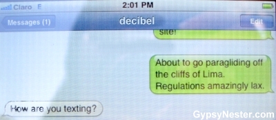 Decibel's text reaction to Mommy paragliding in Lima Peru