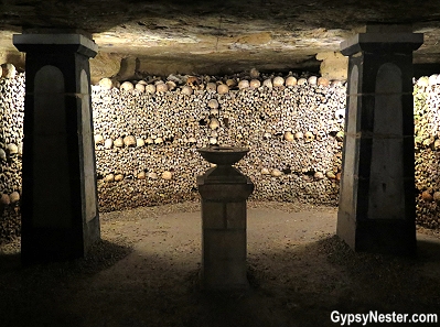 A lamp inside the Catacombs of Paris