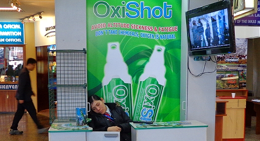 a booth with something called Oxyshot. But wait, the clerk is out cold, must be the thin air.