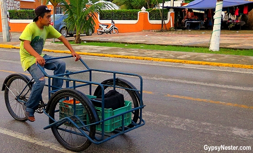 On some bicycles, an extra front wheel has been added to support a cargo area in Piste, Mexico