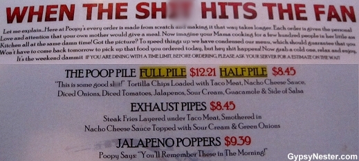 The menu at Poopy's in Savanna, Illinois