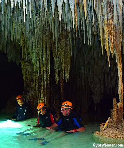 Sitting in Rio Secreto before we turned our headlights out and put in total darkness! GypsyNester.com