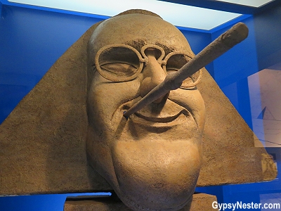 A giant sphinx head with FDR's face at the Franklin D. Roosevelt Presidential Library and Museum