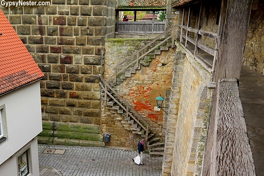 In Rothenburg, Germany, we were determined to find a better observation by getting up on top of the medieval city wall. A little wandering along the base of the bulwarks brought us to a vertigo inducing steep stairway. 